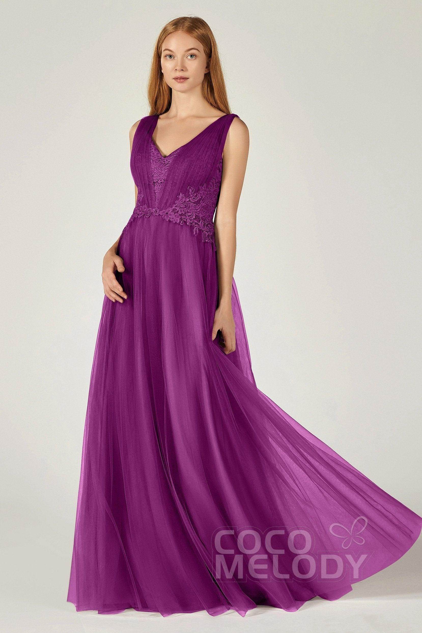 A-Line Floor Length Tulle/Lace Bridesmaid Dress CB0381 - Fuchsia - COCOMELODY